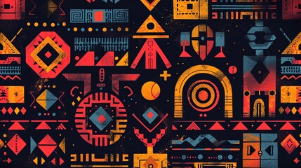 Eclectic Banner Of Tribal And Technological Symbols In A Vivid Color Palette. Traditional Ethnic Art With Modern Graphic Elements. Mexican Motifs. AI Generated