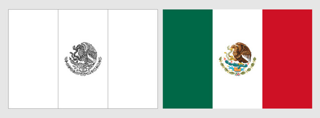 Mexico flag - coloring page. Set of white wireframe thin black outline flag and original colored flag.