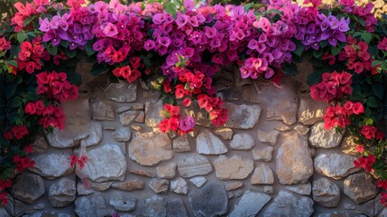 Fototapeta na wymiar Stone wall adorned with purple and red flowers, blending nature with building