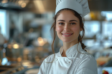 Caucasian woman wearing chef uniform in luxury hotel restaurant kitchen