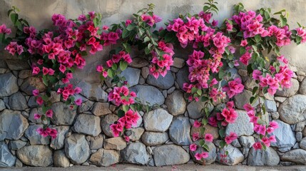 Stone wall covered in pink flowering plants and groundcover