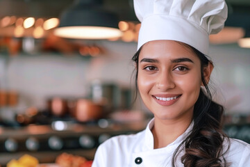 Indian woman wearing chef uniform in luxury hotel restaurant kitchen