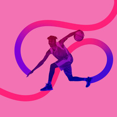 Fototapeta na wymiar Poster. Contemporary art collage. Silhouette of basketball player dribbling in motion with lines symbolizing movement against vibrant background. Concept of professional sport, competition, tournament