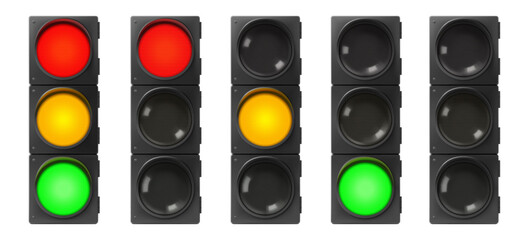 Set of Traffic Lights. Realistic electric lights with all three colors on and single color on. Street regulation system signals, road safety in the city, vector set isolated on white background