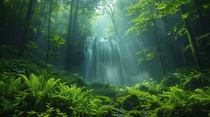 Waterfall in lush forest with trees, ferns, and green plants