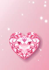 Vertical card with a pink heart shaped crystal on a pink background with glitter and sparkle.