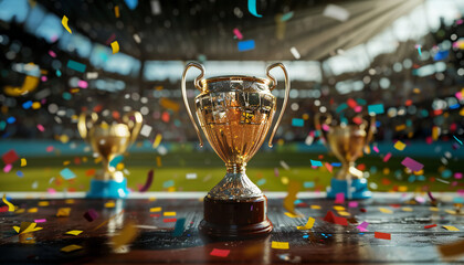 Champion Award gold cup, Golden winner's cup in the middle of a soccer stadium