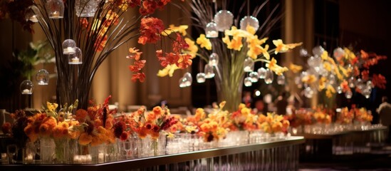A grand table adorned with an abundance of colorful flowers and flickering candles, creating a stunning display of floral art in a building filled with skyscraper views