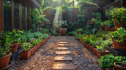 A lush garden with many potted plants and a scenic stone path - obrazy, fototapety, plakaty
