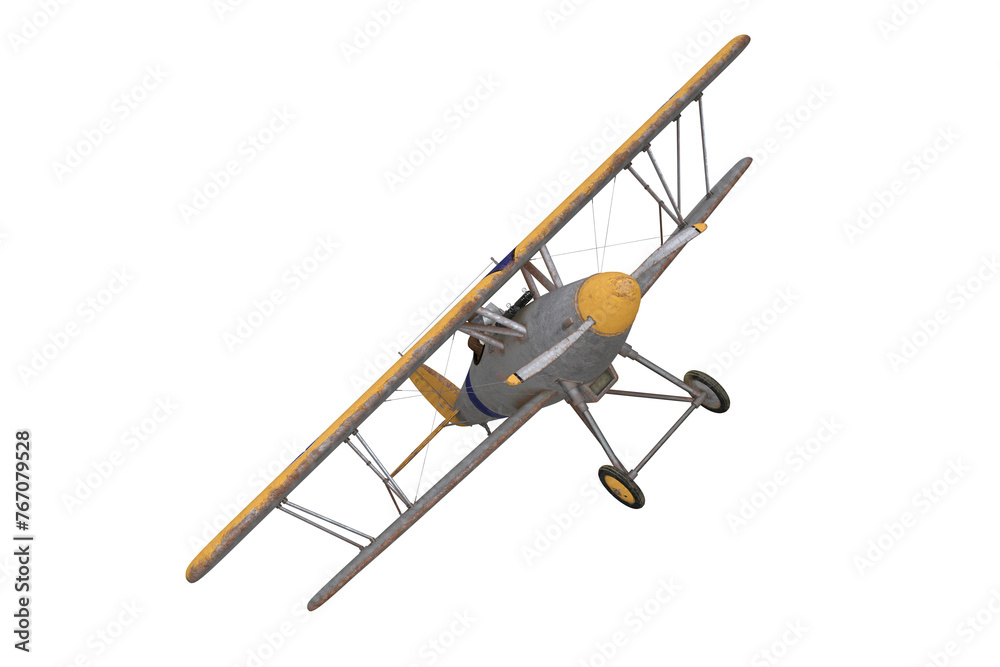 Poster Old fighter biplane in flight. 3D rendering illustration isolated on empty background.