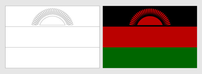 Malawi flag - coloring page. Set of white wireframe thin black outline flag and original colored flag.