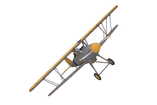 Old fighter biplane in flight. 3D rendering illustration isolated on empty background.
