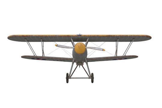 Front view of an old biplane aircraft taking off. Isolated 3D rendered illustration.