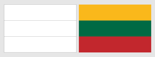 Lithuania flag - coloring page. Set of white wireframe thin black outline flag and original colored flag.