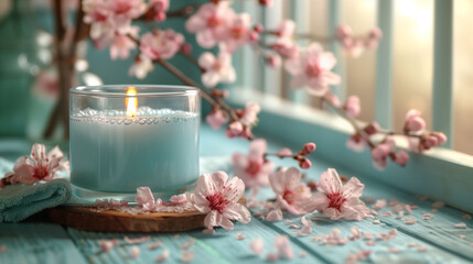 Lit scented candle with cherry blossoms on a wooden surface by a window, conveying tranquility and springtime freshness.