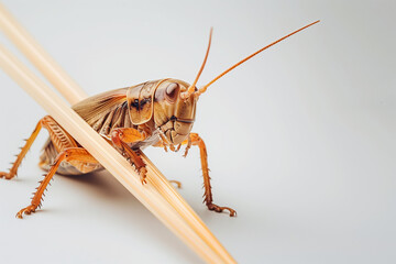 Cricket held with chopsticks against a white background