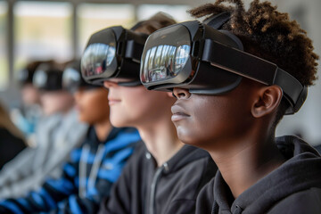 Teenage students wearing virtual reality goggles at school in computer science class