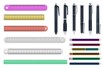 Pen and pencils. Office stationery school colored items of education help vector 3d realistic collection of plastic pen wooden pencils. Illustration of school pencil, stationery pen, marker colored - obrazy, fototapety, plakaty