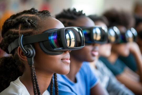 New tools for education, teenagers using virtual reality glasses in classes