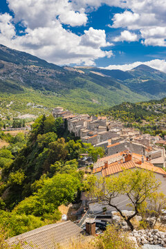 The beautiful village of Villalago, in the province of L'Aquila in Abruzzo, central Italy. Small town immersed in the nature of the green mountains of Abruzzo.