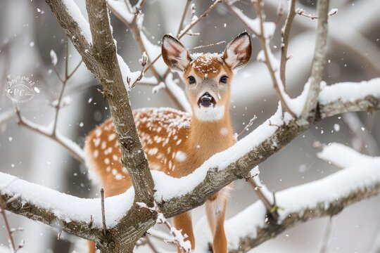 A deer standing among snow-covered trees in a winter forest