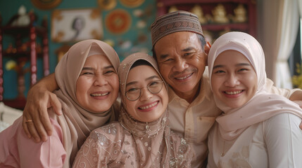  image portraying a Muslim man balancing love between two wives and a daughter. His life intertwines tradition, affection, and family bonds during ramadan