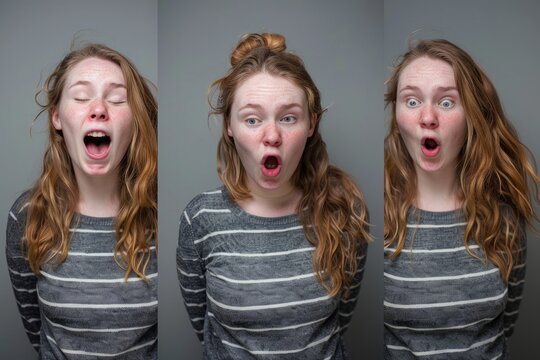 A series of three images capturing a woman displaying a surprised expression