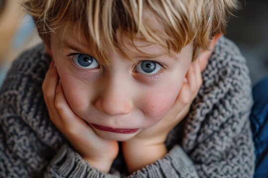 A close-up view of a child with striking blue eyes