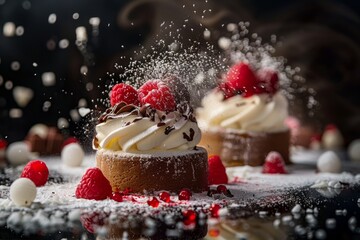 A detailed view of a cupcake topped with fluffy whipped cream and fresh raspberries