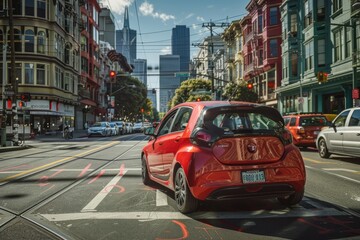A vibrant red car speeds down a city street lined with tall buildings