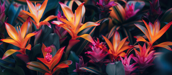 Colorful tropical flowers and leaves background - obrazy, fototapety, plakaty