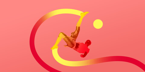 Poster. Contemporary art collage. Silhouette of sportsman, football player with lines symbolizing movement against vibrant background. Concept of sport, competition, tournament. Minimalism.