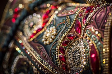 Detailed view of a vibrant and ornate mask, showcasing intricate patterns and colors
