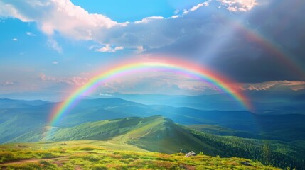 Rainbow against a background of blue sky and mountains. Sky after rain