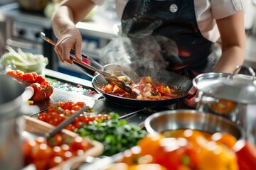 A person is cooking food in a wok on a stove, preparing a delicious meal