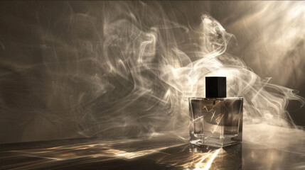 men's perfume on a gray background with smoke and sunlight and shadows