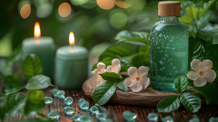 Fototapeta na wymiar Tranquil spa setting with candles, massage oil, flowers, and greenery, evoking a serene and therapeutic atmosphere.
