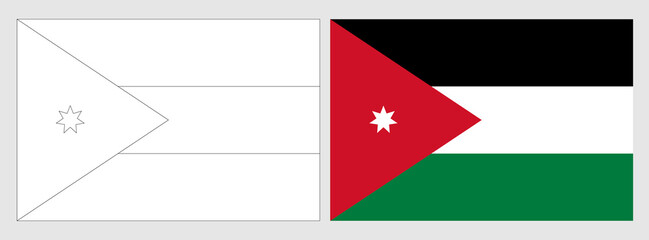 Jordan flag - coloring page. Set of white wireframe thin black outline flag and original colored flag.