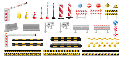 Set of traffic light, boom barrier gate, road barrier fence, speed bump ,road cone. Striped yellow and black barriers for blocking road. Speed bump element or obstacle on the road. Realistic 3d Vector
