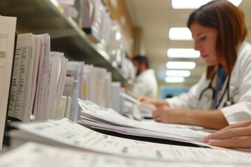 A woman is seated at a desk, reviewing papers related to medical records and documentation in a healthcare setting