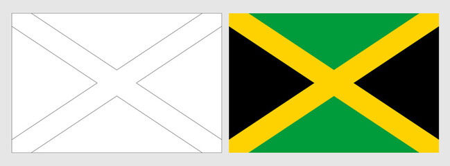 Jamaica flag - coloring page. Set of white wireframe thin black outline flag and original colored flag.