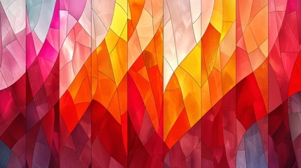 Fotobehang A vivid abstract gradient of overlapping polygons transitioning from warm pink to orange tones, resembling a digital stained glass. © soysuwan123