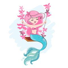 Cute cartoon illustration with beautiful mermaid. T-shirt art, pajamas print for kids - 767081710