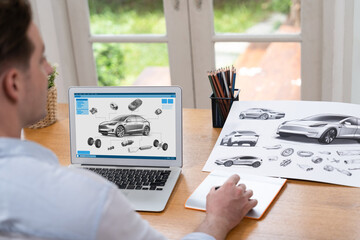 Car design engineer analyze car prototype for automobile business at home office. Automotive...