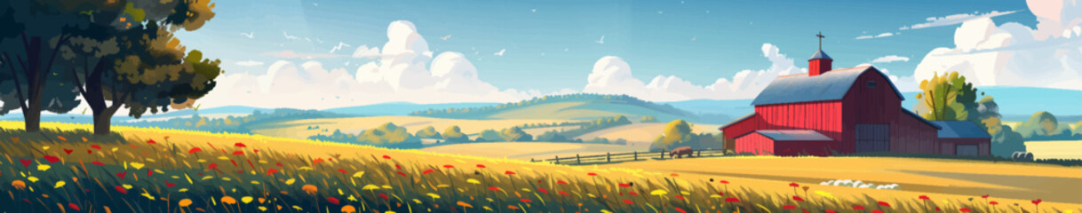 Farm landscape. Panoramic illustration of a serene rural farm landscape with rolling hills, colorful fields, red barns, and a traditional silo generative ai vector illustration.  - 767081784