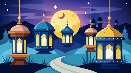islamic-eid-lanterns-with-moonlight vector illustration