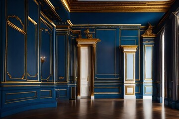 Elegant interior space featuring a blue wall in a classic design and golden moldings. Mockup of a...