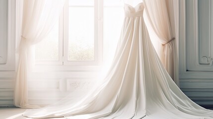 Fototapeta na wymiar white wedding dress Made of Chiffon hang In the hall. 3d render illustration style. Generative AI