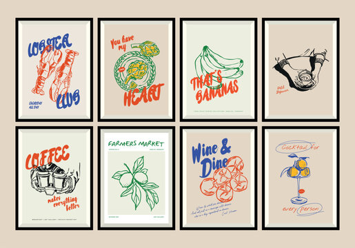 Minimalist hand drawn food and drink vector print poster collection. Art for postcards, branding, logo design, background. Matisse style art.