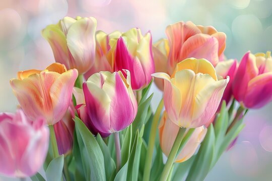 Delicate pink and yellow tulips in full bloom, spring floral arrangement, watercolor painting